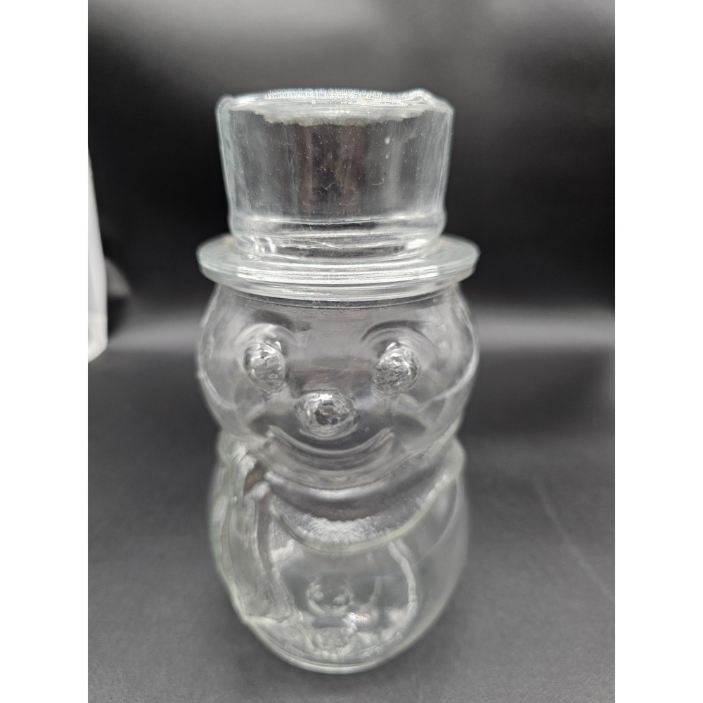 Vintage Libbey Of Canada Snowman Candy Jar Clear‎ Glass w/Lid Holiday Decor